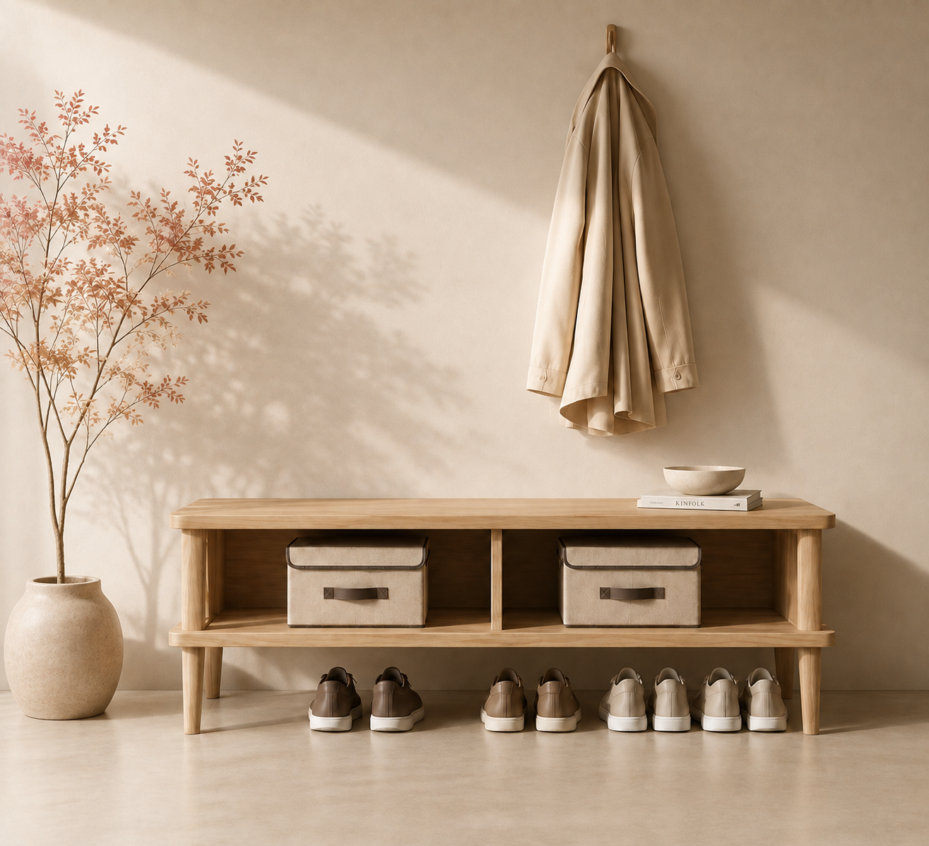 Wooden shoe bench with beige fabric storage boxes and neatly arranged shoes against a beige wall