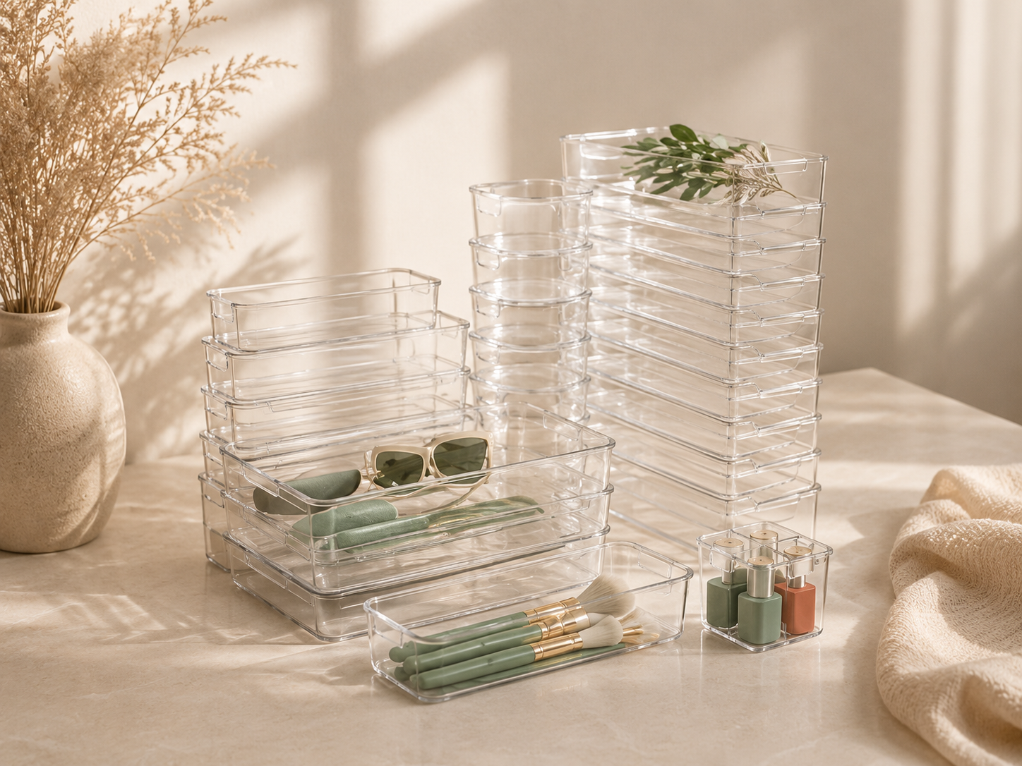 Stacks of clear acrylic drawer organizer trays on a beige surface
