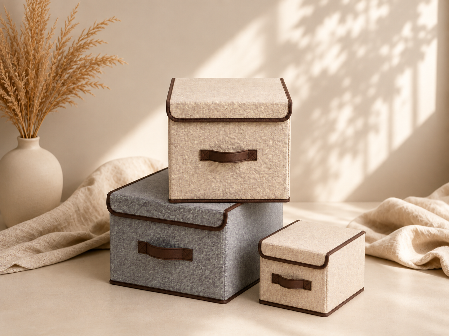 Beige and gray foldable fabric storage boxes with leather handles