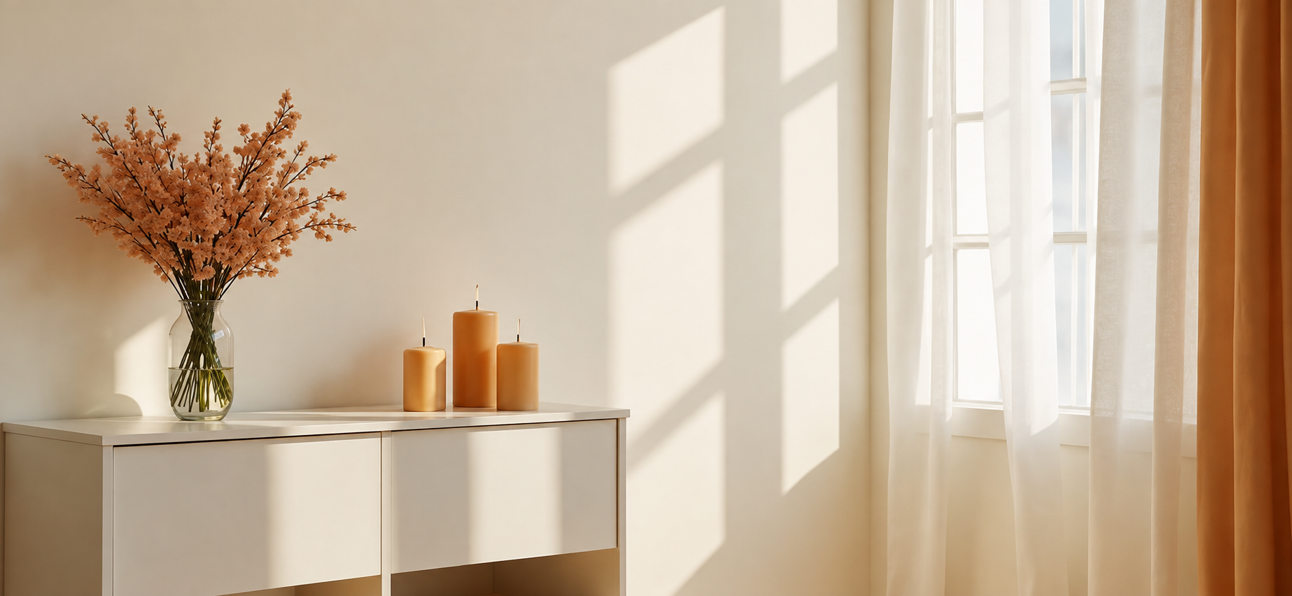 Sunlit beige living room with a white sideboard, orange pillar candles, dried autumn branches, and a rust linen curtain